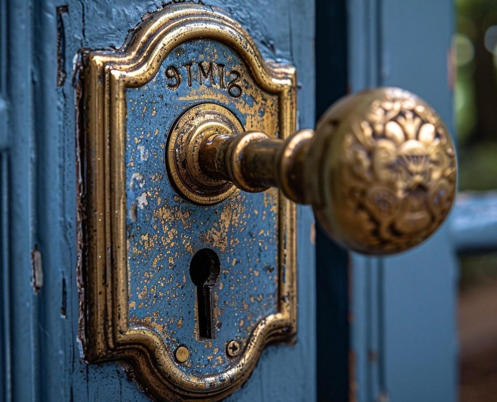 Blue door with antique gold door knob & keyhole