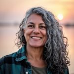 aparna is a South Asian woman with curly salt and pepper shoulder-length hair. She's wearing a green and black plaid shirt and smiling in this portrait with the sun in the background